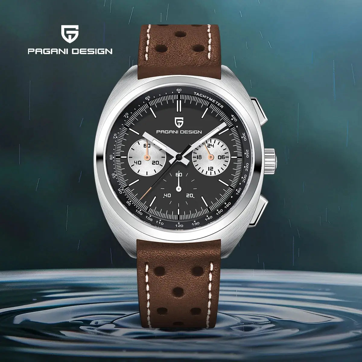 Pagani Design men's chronograph watch with black dial, stainless steel case and perforated brown leather strap