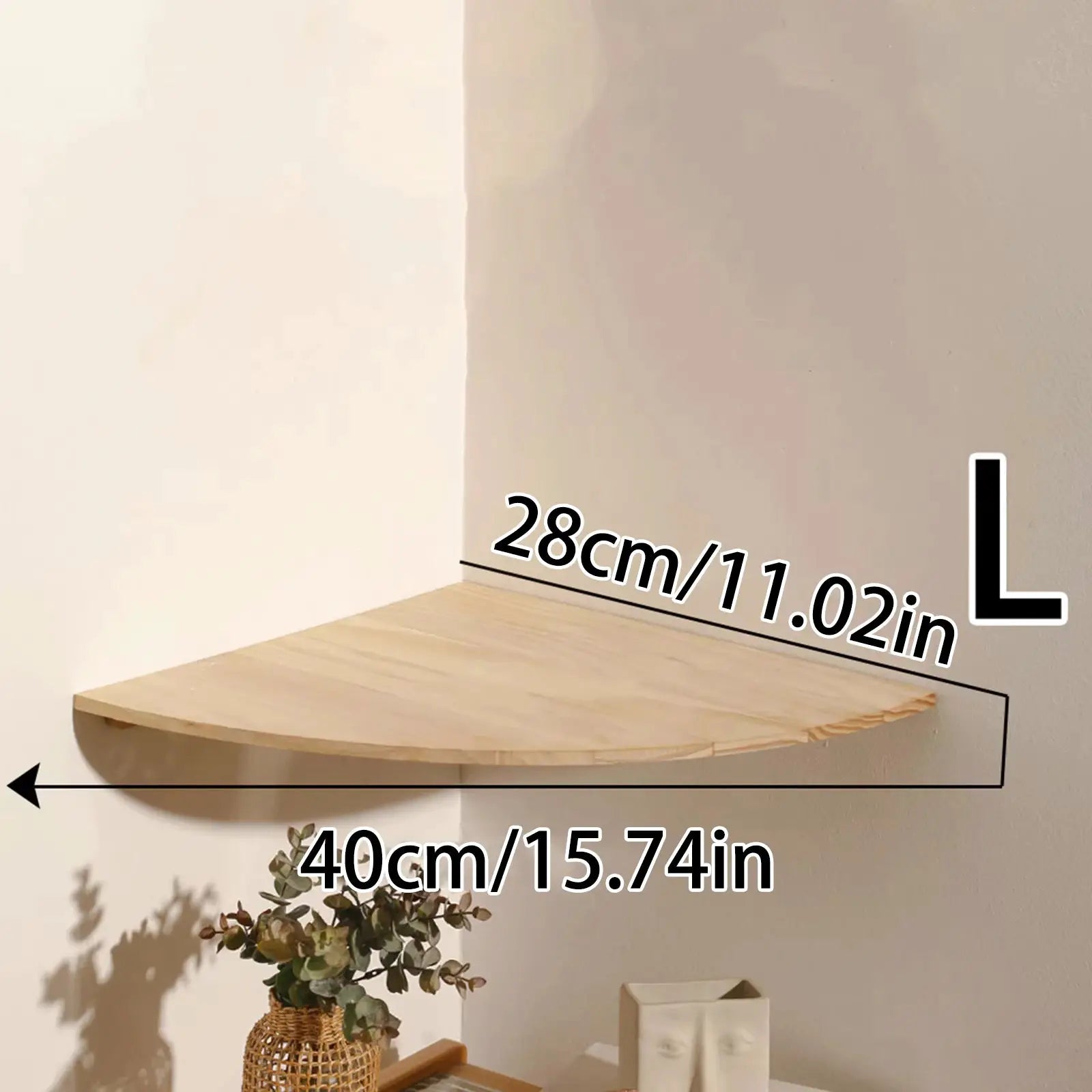 Wood wall corner shelf with rounded end, floating design in natural wood finish by Simples Market