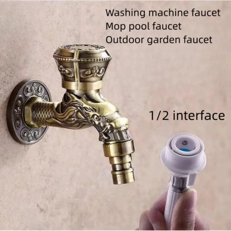 Antique wall-mounted dragon-carved garden faucet in brass zinc-alloy finish with 1/2 inch connection; Simples Market
