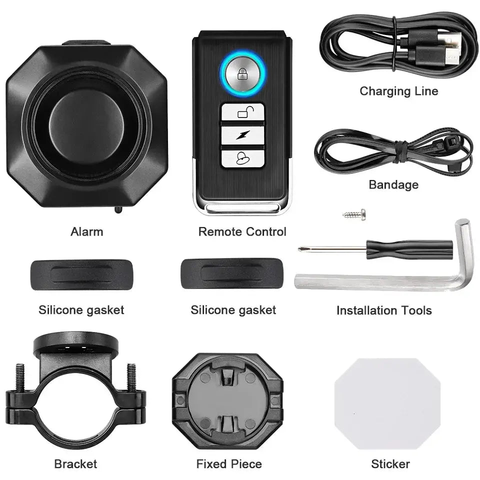 Hollarm wireless bike vibration alarm kit in black with remote, USB charging cable, bracket, tools, gaskets, sticker