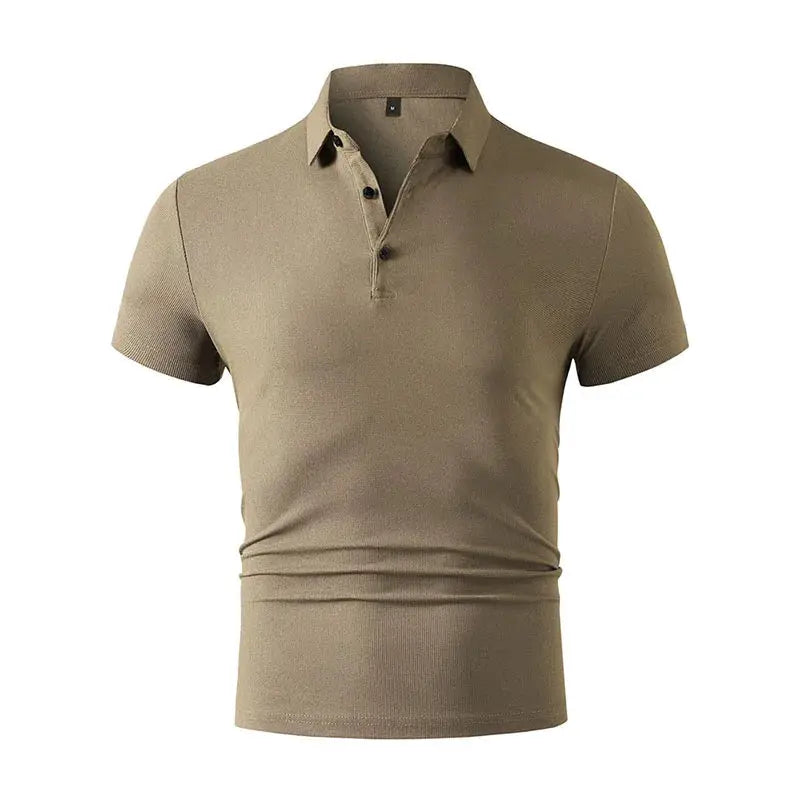 Men's polo shirt by Simples Market in beige, short sleeves, collared, breathable knit fabric.