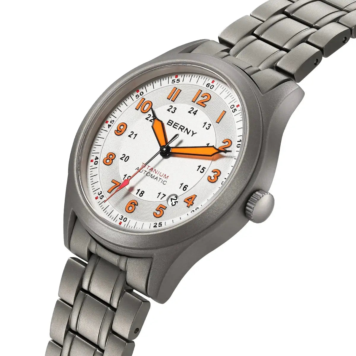 BERNY full titanium automatic men's watch with orange numerals and silver dial