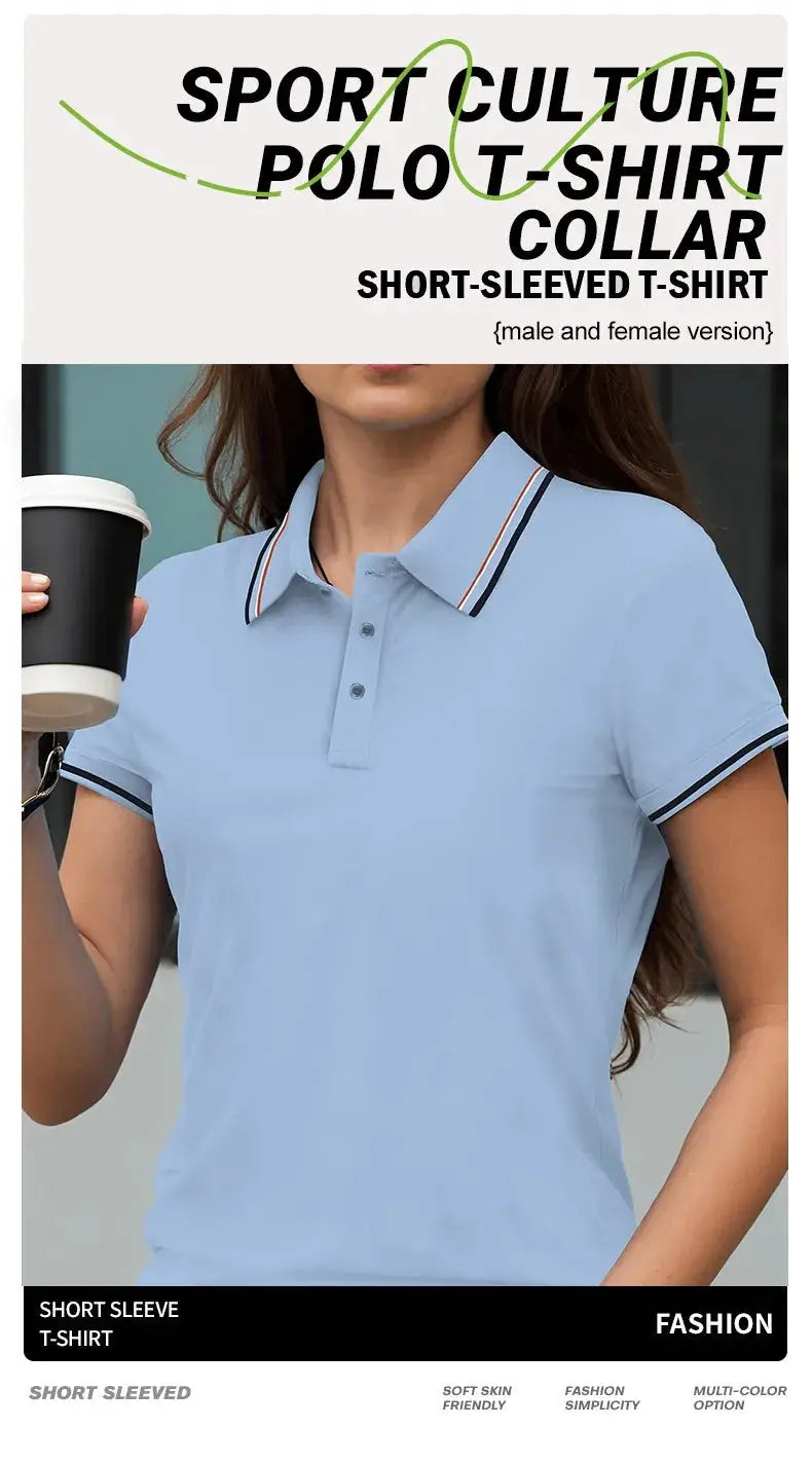 Women Summer Solid Color Stripe Polo Shirt Short Sleeve Streetwear