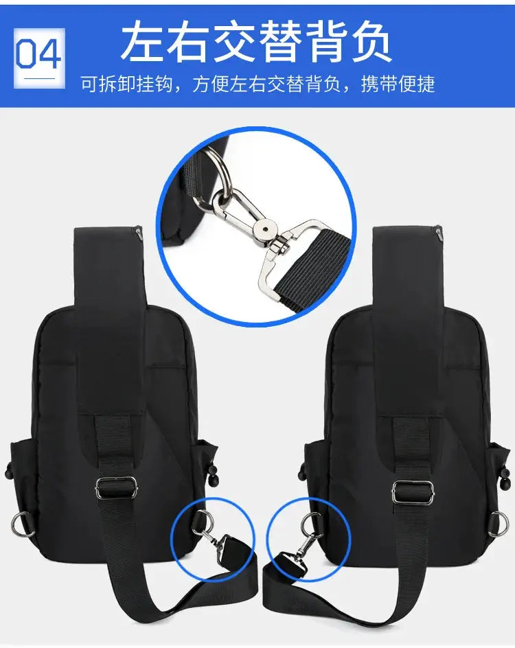 Two men's black canvas chest bags with detachable crossbody straps and metal clasps