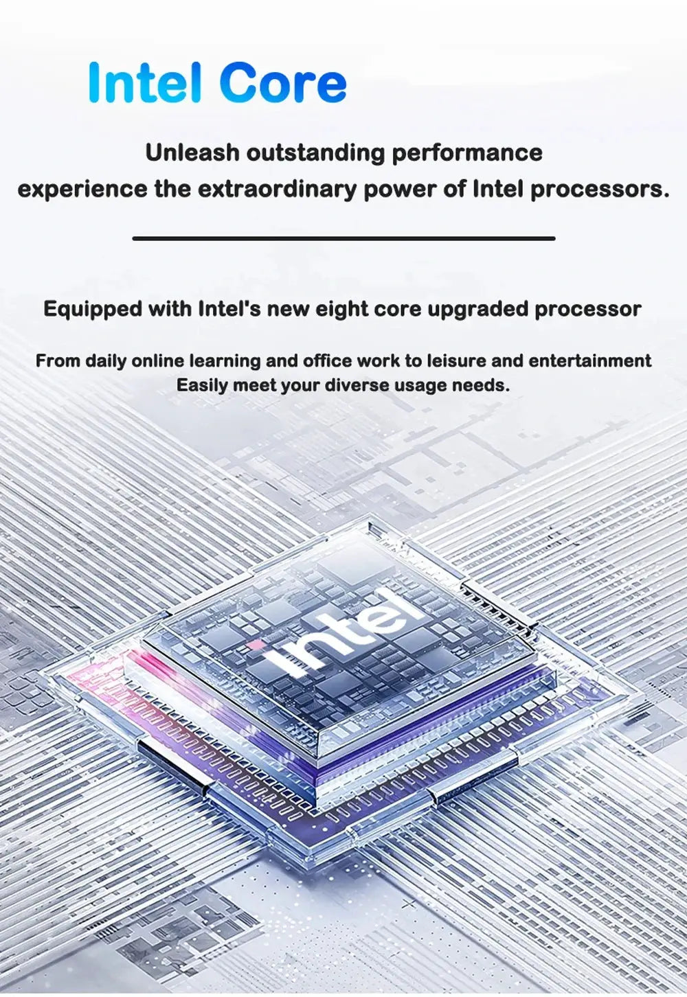 Simples Market laptop banner featuring Intel Core processor graphic in blue