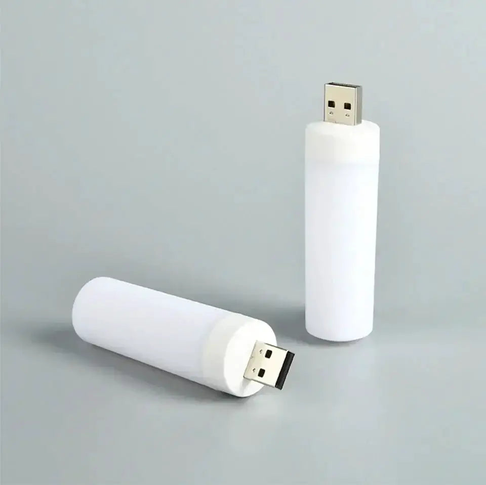 Two white cylindrical USB LED flame light bulbs for ambient atmosphere lighting