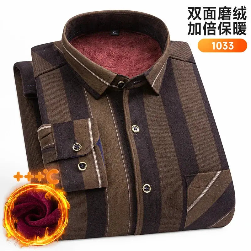 Men's thickened warm shirt by Simples Market, brown striped with red fleece lining; double-sided fleece, 7XL-8XL.