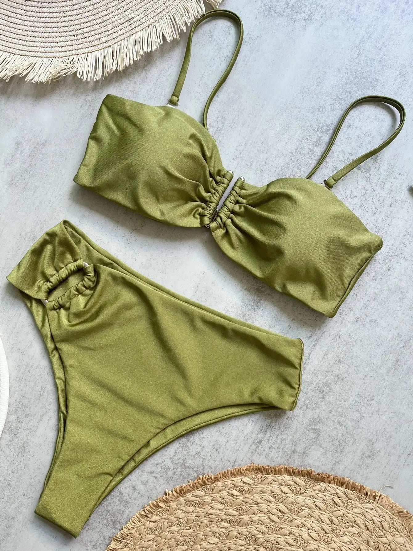 Bandeau bikini set (two-piece) from Simples Market in olive green with ruched center and adjustable straps
