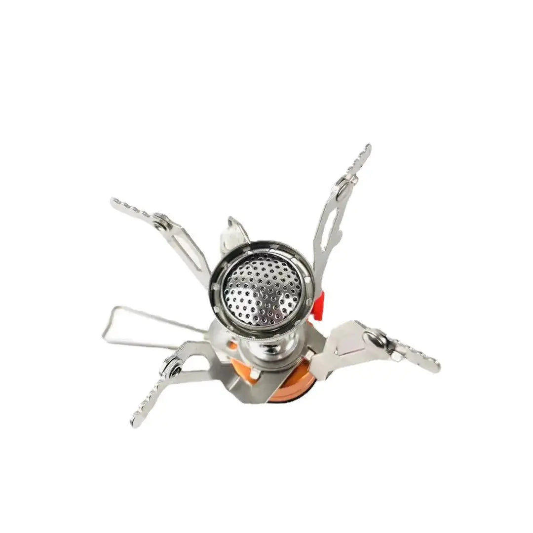 Portable aluminum camping gas stove with fold-out pot supports and orange base