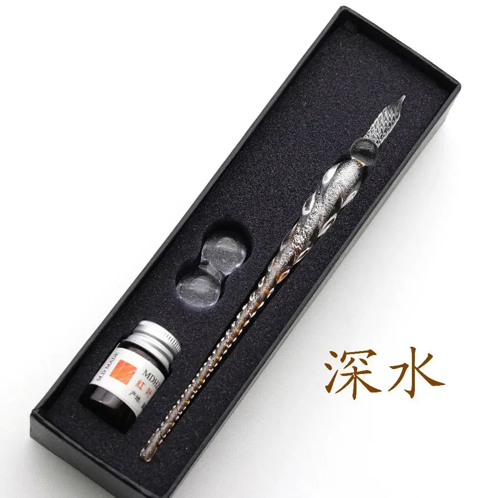 Crystal glass dip pen with twisted silver handle in a black gift box includes ink bottle and nibs