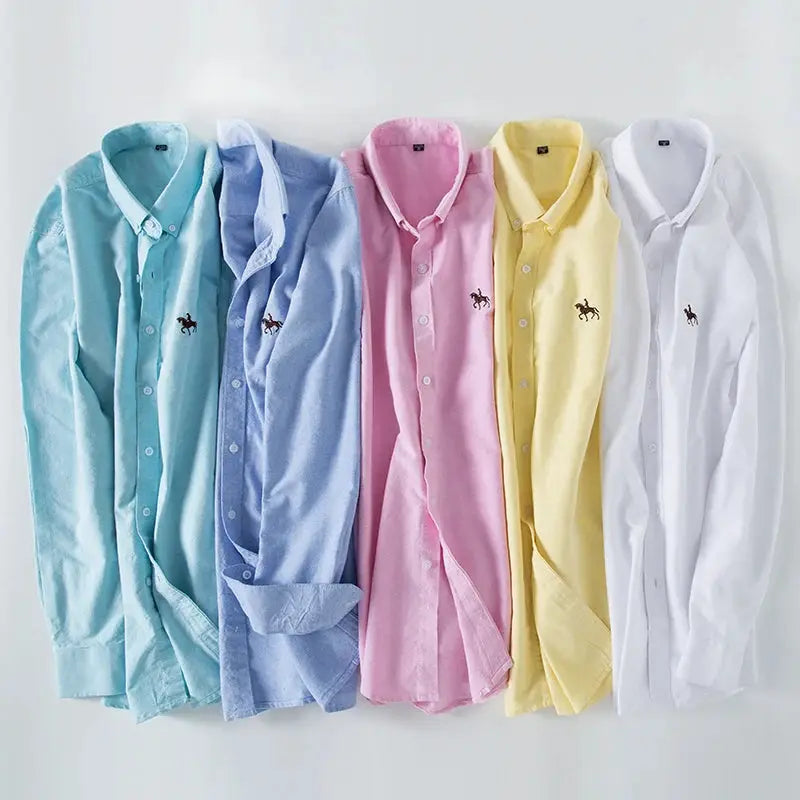 Six pastel men's 100% cotton Oxford dress shirts, long-sleeve with small horse emblem