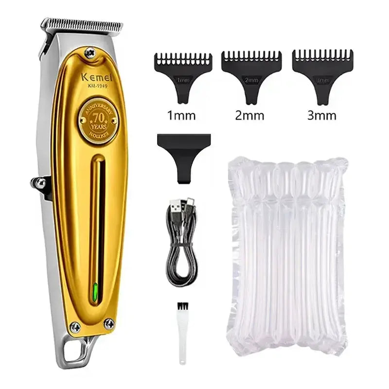 Kemei hair clipper with gold-silver metal body, includes 3 combs, USB cable and cleaning brush