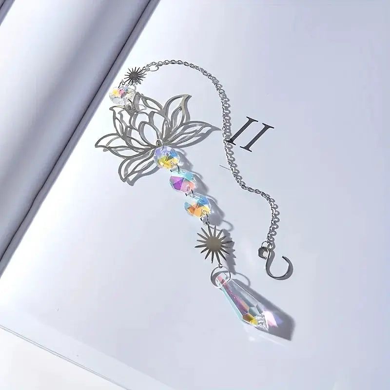 Metal Lotus Suncatcher Charm with Artificial Crystals Handmade Wind Chime Pendant for Home Garden Decoration