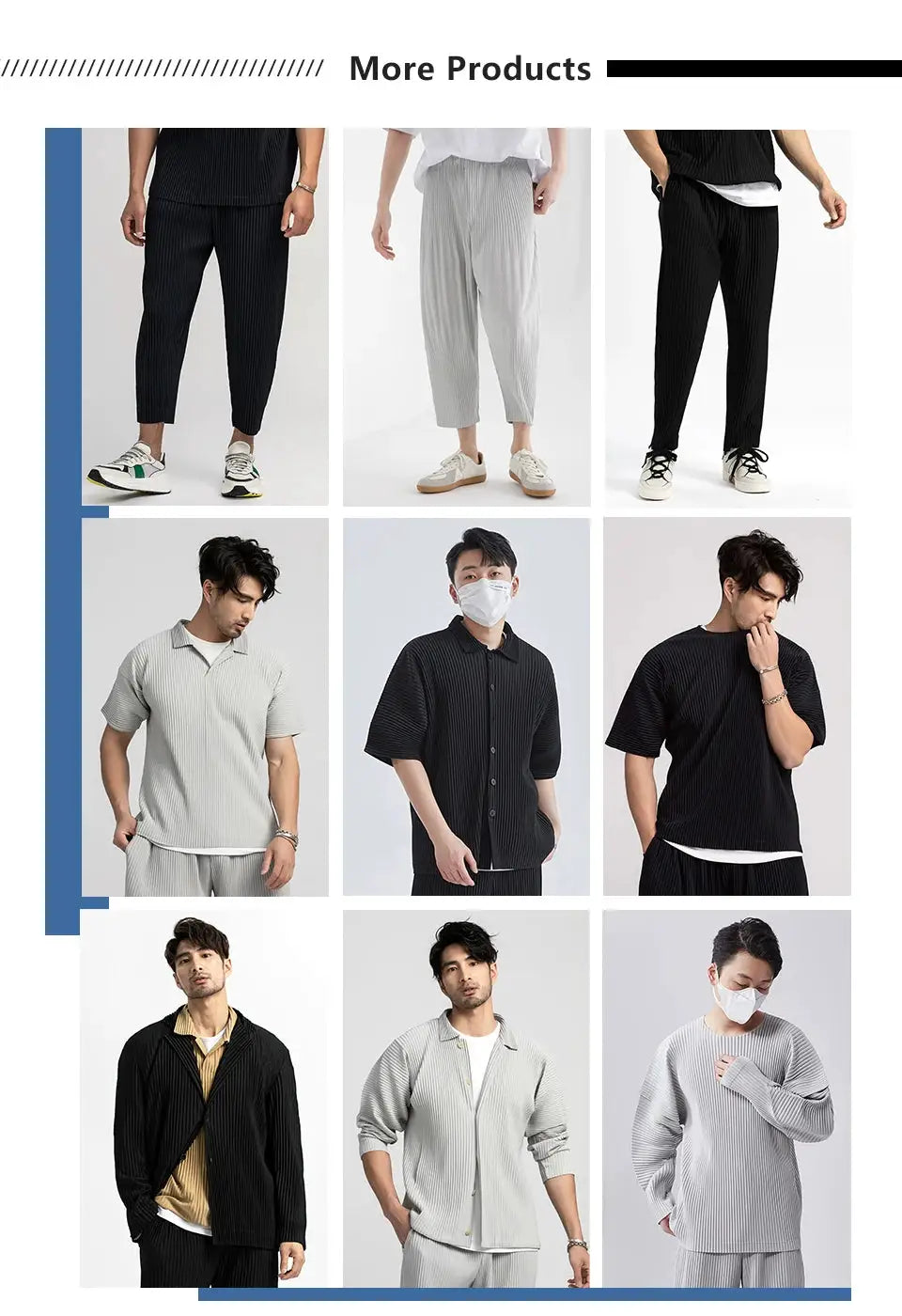 Miyake pleated men cargo pants collage by Simples Market; 9 outfits with loose, baggy, pleated pants