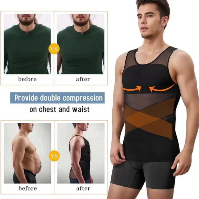 Simples Market men's compression vest shapewear in black mesh panels for chest and waist control