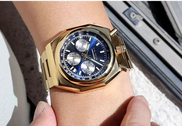MINI FOCUS men's chronograph watch with gold-tone stainless steel strap and blue dial with three subdials