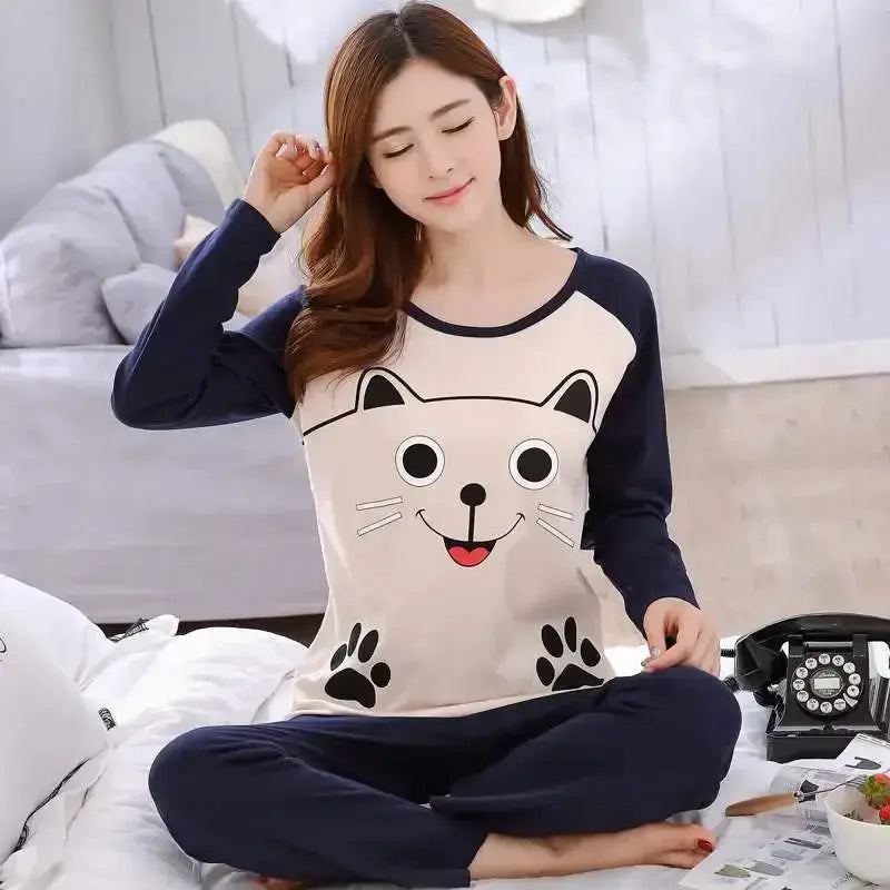 CozyCloud Autumn Thin 2 Piece Pajama Set Women Lightweight Breathable Sleepwear With Cartoon Teacup Cat Print