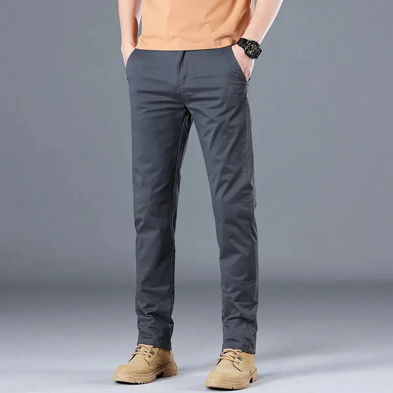 Men's pure cotton casual pants, dark grey, slim straight fit