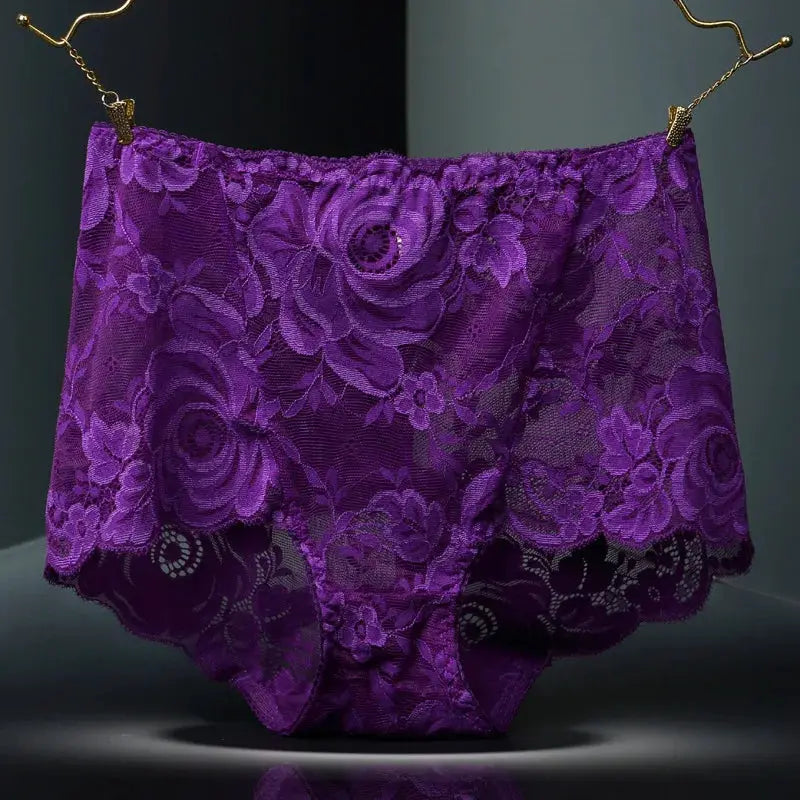 Purple lace panties for women, plus-size high-waist underwear with cotton crotch