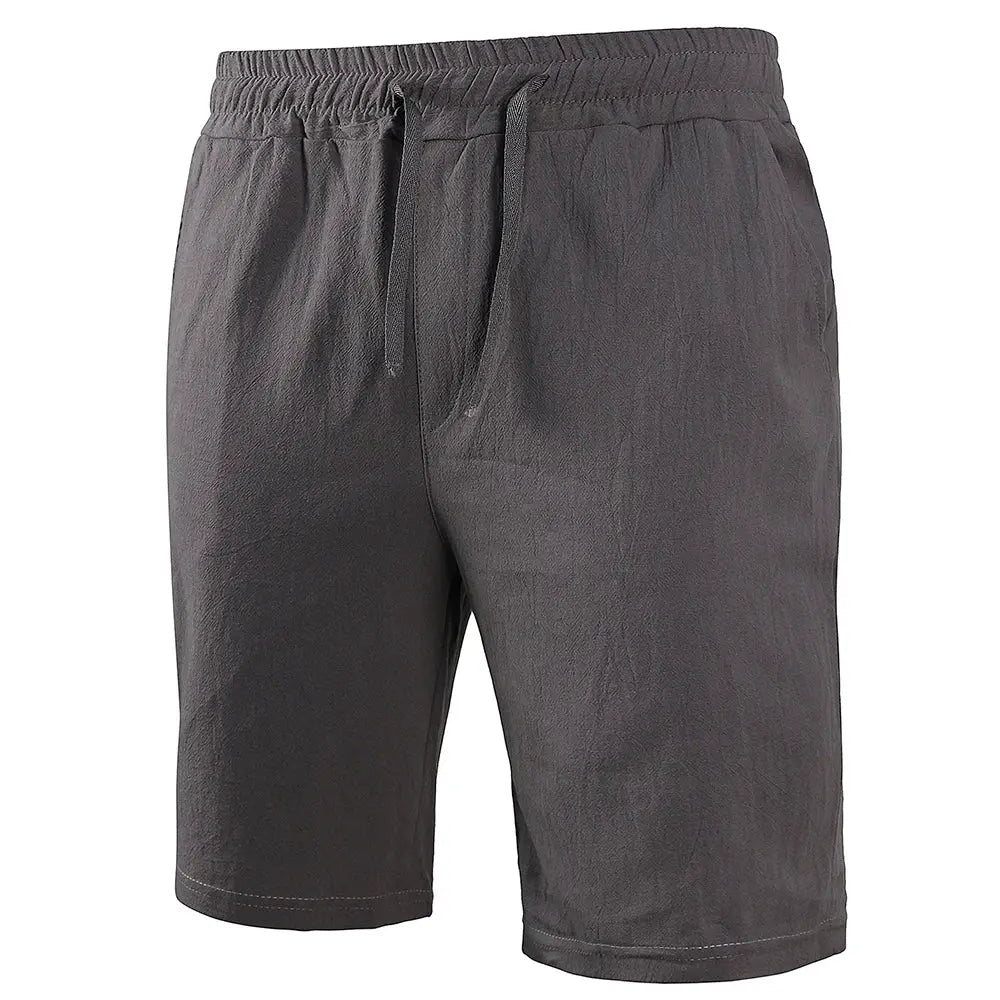 Men's cotton-linen shorts in charcoal gray with elastic drawstring waist; breathable solid-color summer shorts.
