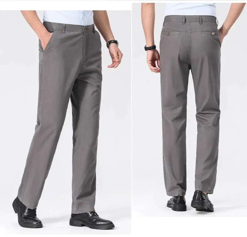 Mens Chino Pants by Simples Market; grey lightweight business casual trousers with pockets (front and back views)