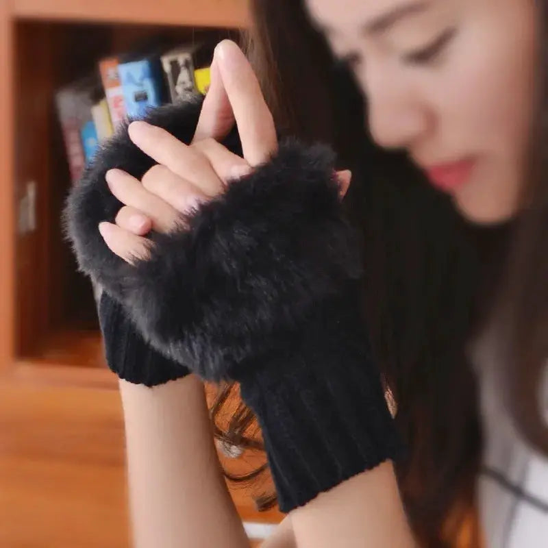 CozyNest Womens Autumn Winter Plush Knitted Half Finger Gloves for Writing and Driving Warm Soft Touch