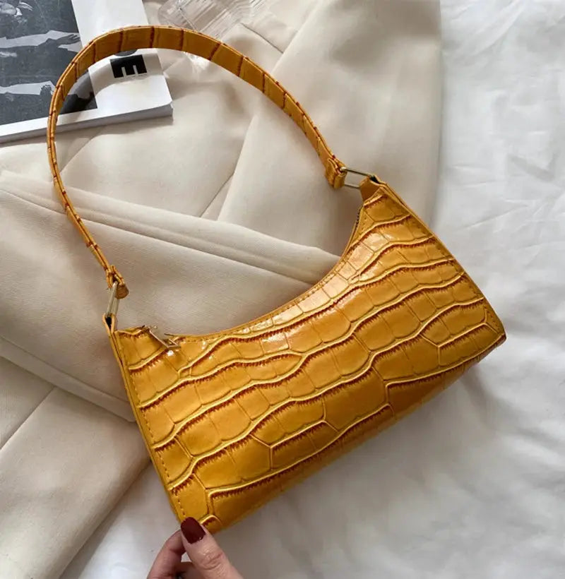 Handbag yellow PU leather with alligator pattern, small underarm messenger style