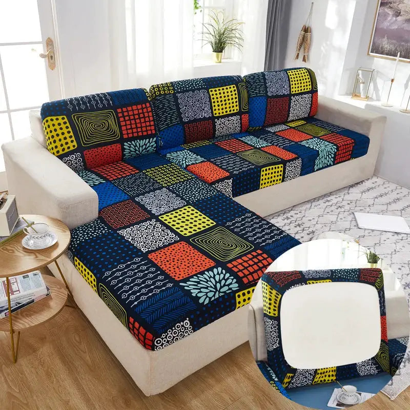 Stretch couch cushion slipcovers by Simples Market in a colorful patchwork print for sectional sofa cushions, anti-slip.