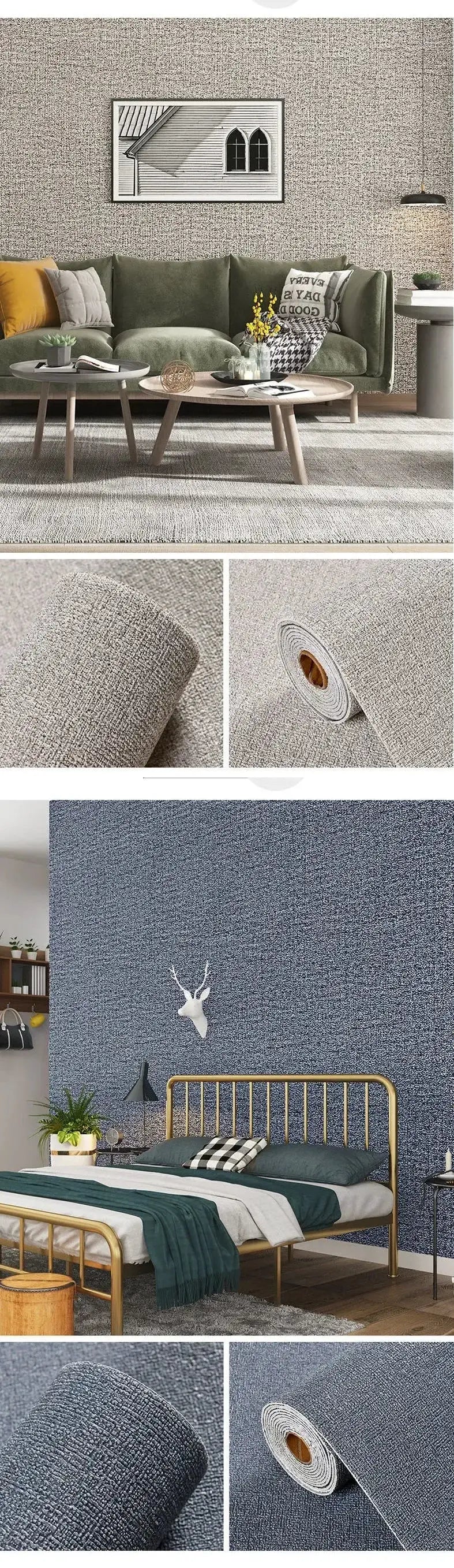 Linen 3D foam self-adhesive PVC wallpaper roll; beige-gray textured wall with blue bedroom accent shown.