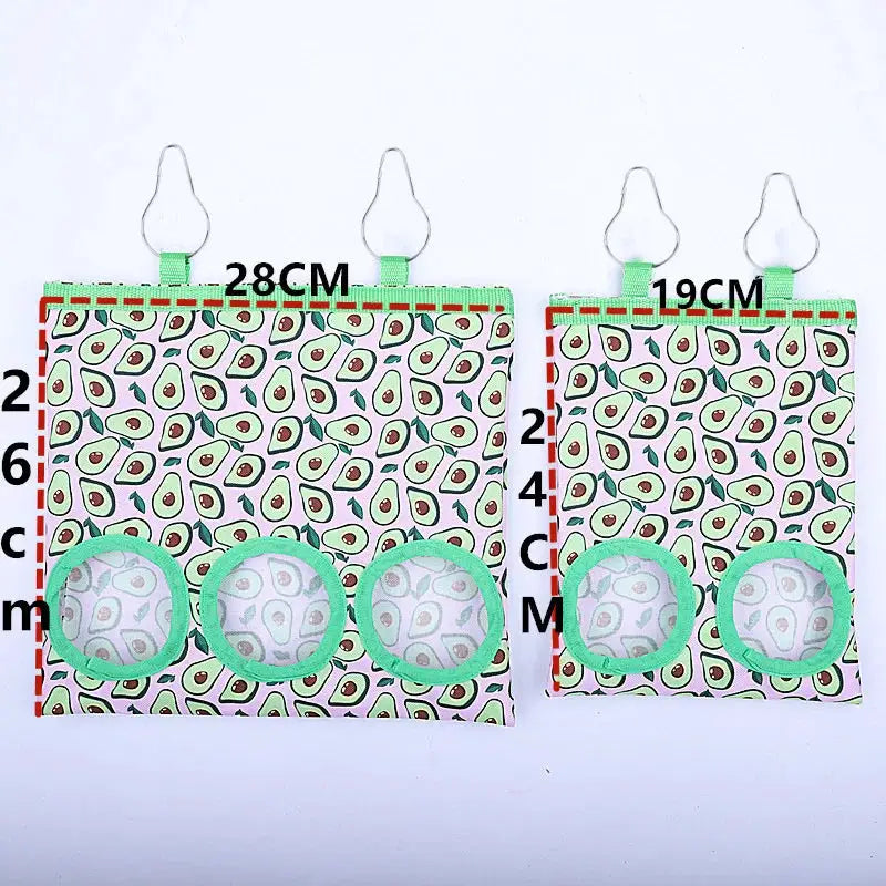 Rabbit hay bag with 2/3 holes, avocado-pattern fabric, green trim, hanging feeder; two sizes shown