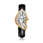 Alien Crash Melt Twist Y2K watch with teardrop gold-tone case and black leather strap