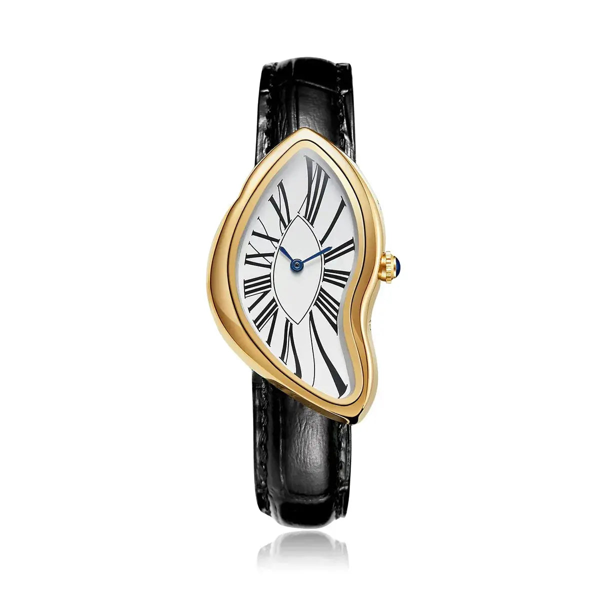 Alien Crash Melt Twist Y2K watch with teardrop gold-tone case and black leather strap