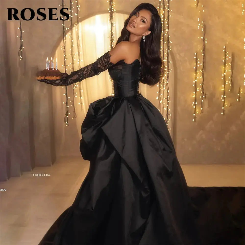 A Line Black Prom Dress Satin Sweetheart Neckline Sleeveless Pleated