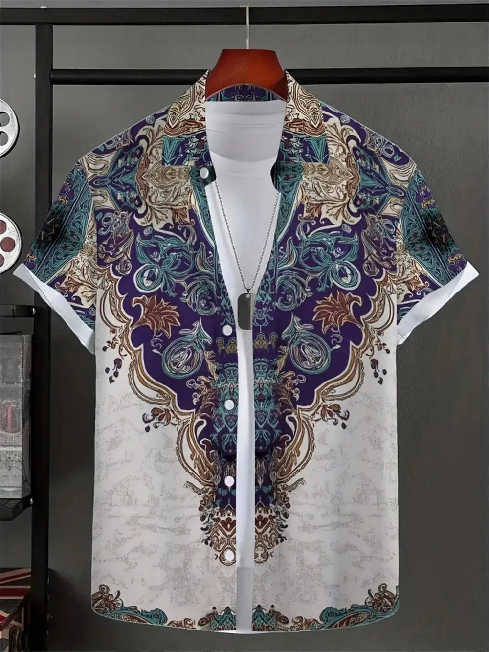 Simple men's short-sleeve shirt by Simples Market with purple-teal ornate 3D print on white