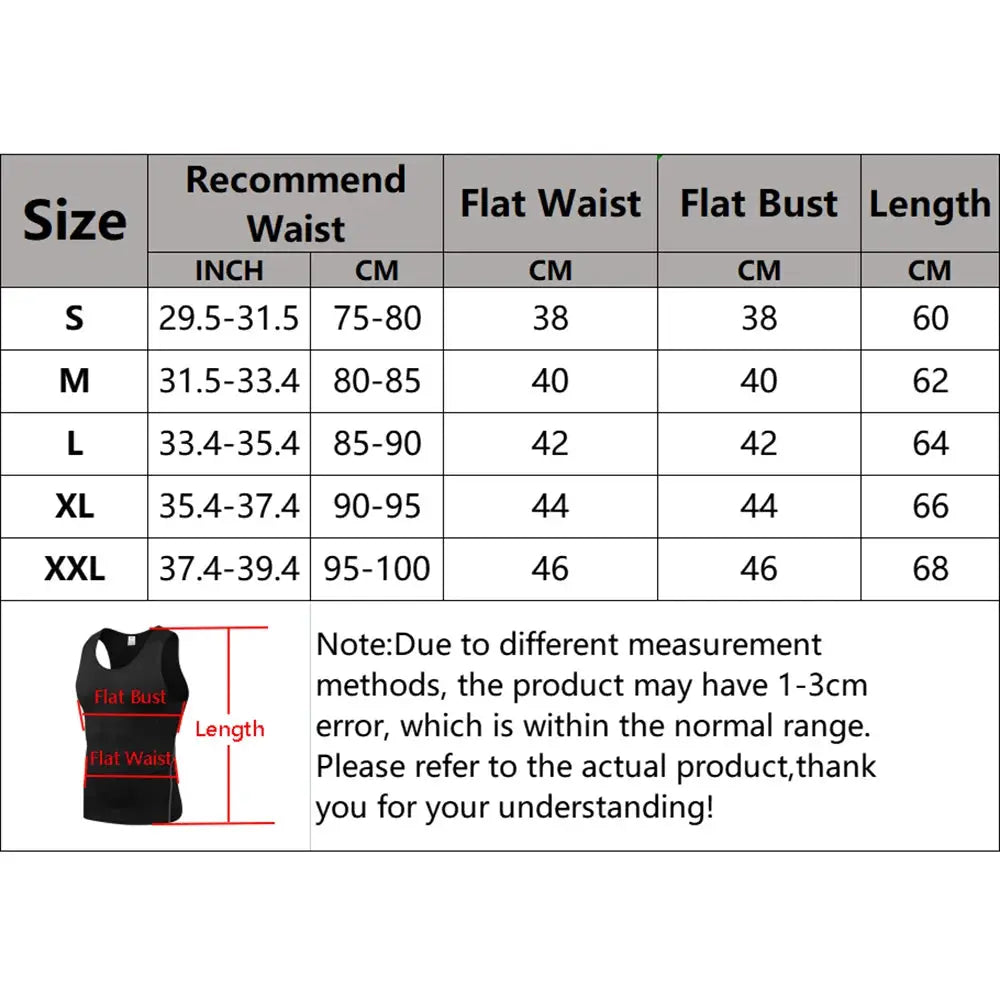Men's black compression shirt with tummy control and waist-trainer styling; size chart shown