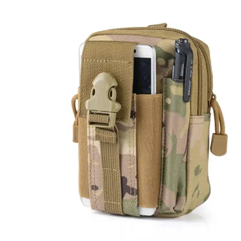 Tactical leg bag with camouflage pattern, multiple pockets, phone pouch, and secure buckle strap