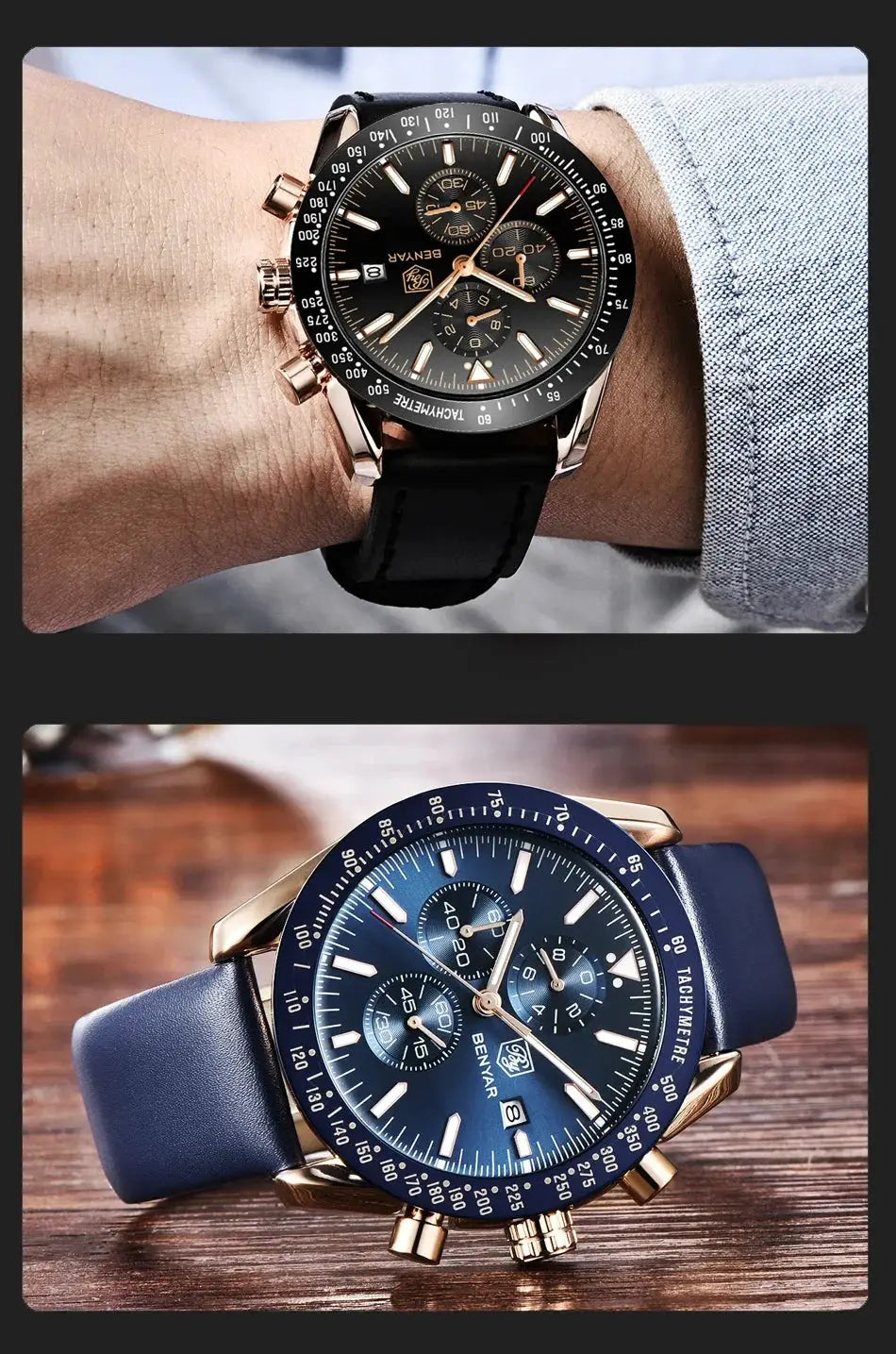 Men's BENYAR watches pair: black steel chronograph on black strap and blue-dial chronograph with gold-tone case.
