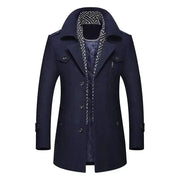 Men's navy wool coat, mid-length trench style with quilted lining and patterned scarf collar