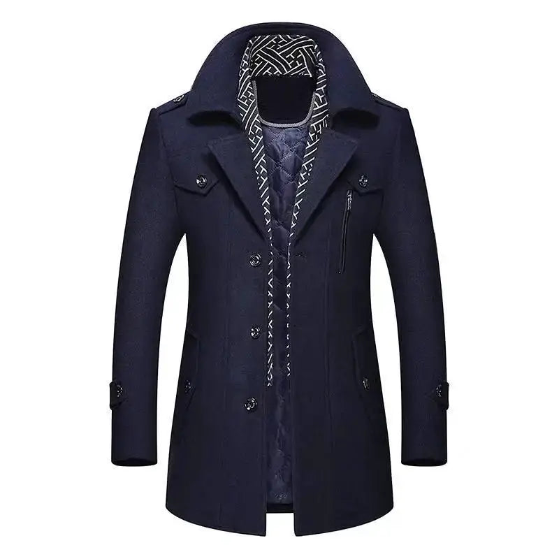 Men's navy wool coat, mid-length trench style with quilted lining and patterned scarf collar