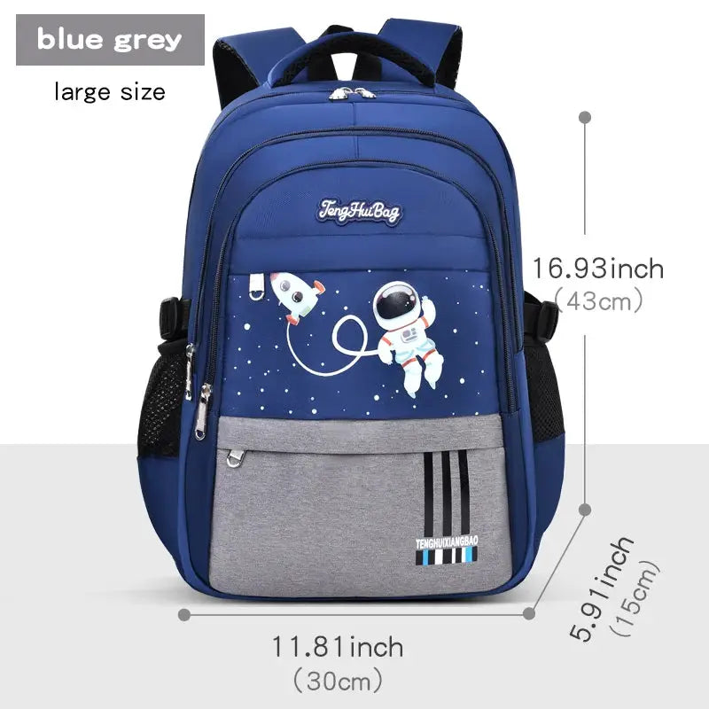 Backpack blue astronaut kids' school bag, TengHuiBag logo, gray front pocket, waterproof