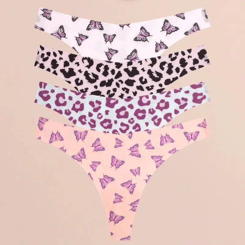 FINETOO women's 4-pack seamless thongs with butterfly and leopard prints; ultra-soft fabric
