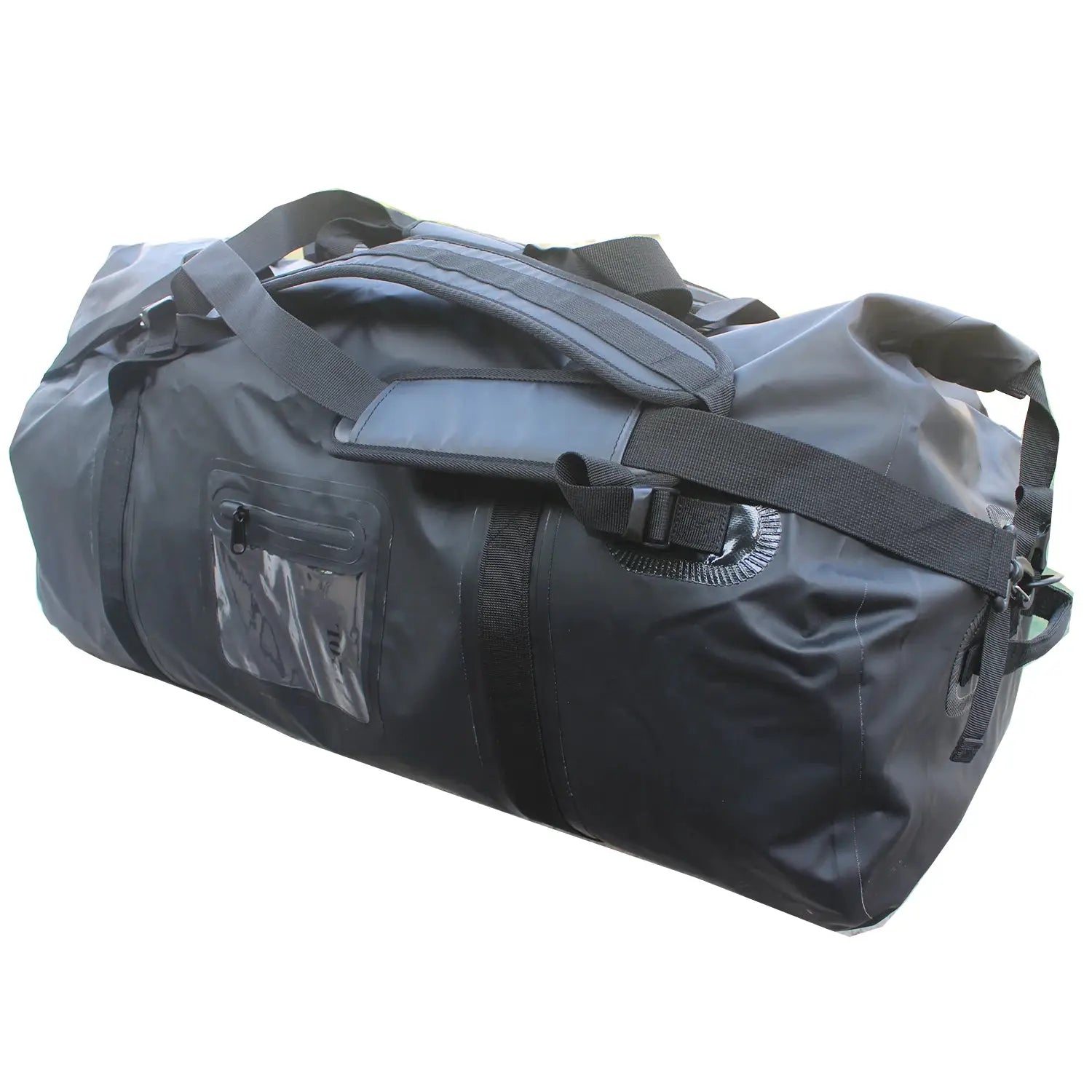 Black waterproof duffle bag with shoulder strap and side pocket, 40-120L capacity.