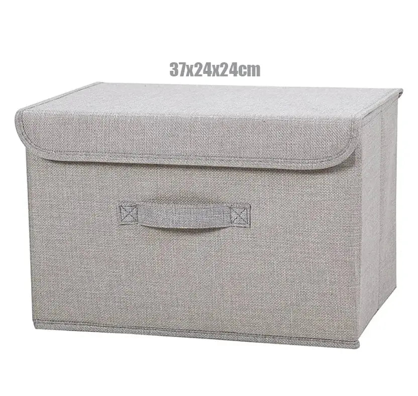 Simples Market folding storage box in washable cotton-linen beige fabric with lid and front handle