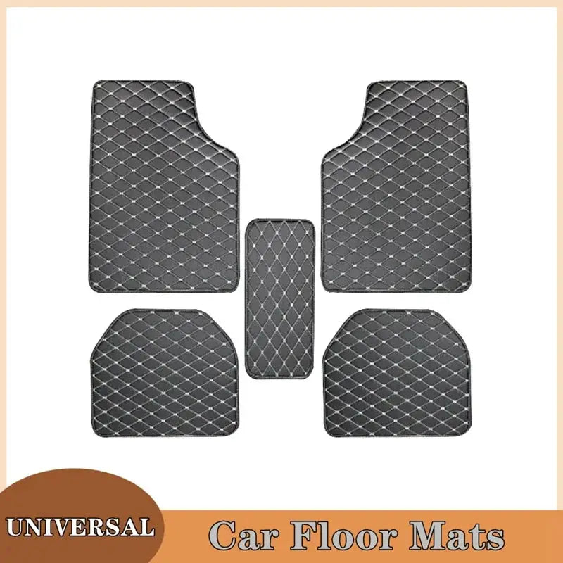 Car floor mats 5-piece universal PU leather waterproof set by Simples Market, quilted black mats with white stitching
