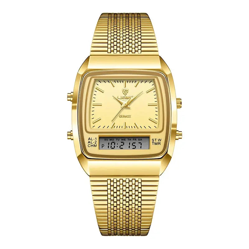Gold-tone men's watch with analog dial and digital dual-time display, metal bracelet, 3 bar water resistance