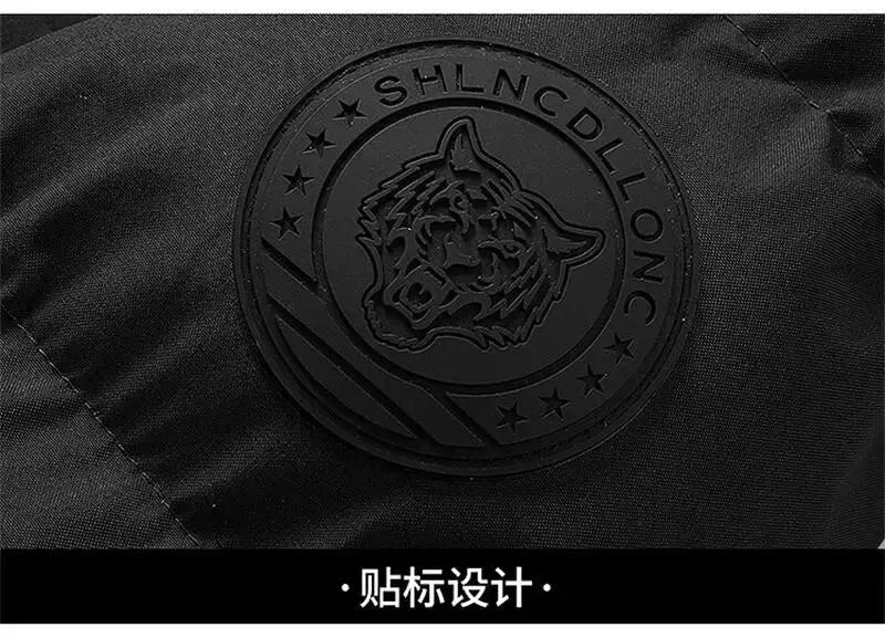 Men's black down puffer jacket with circular wolf logo patch.