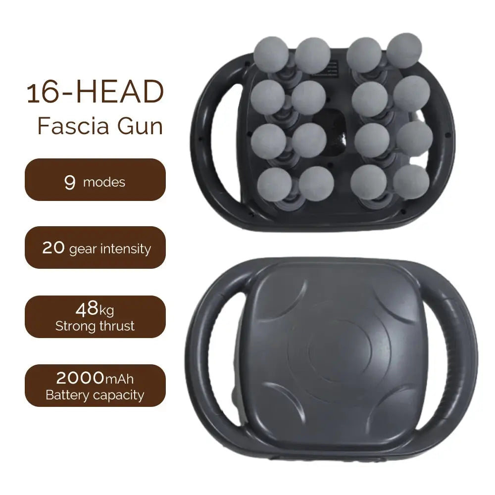 Simples Market 16-head fascia gun in black with carrying case and 16 massage heads