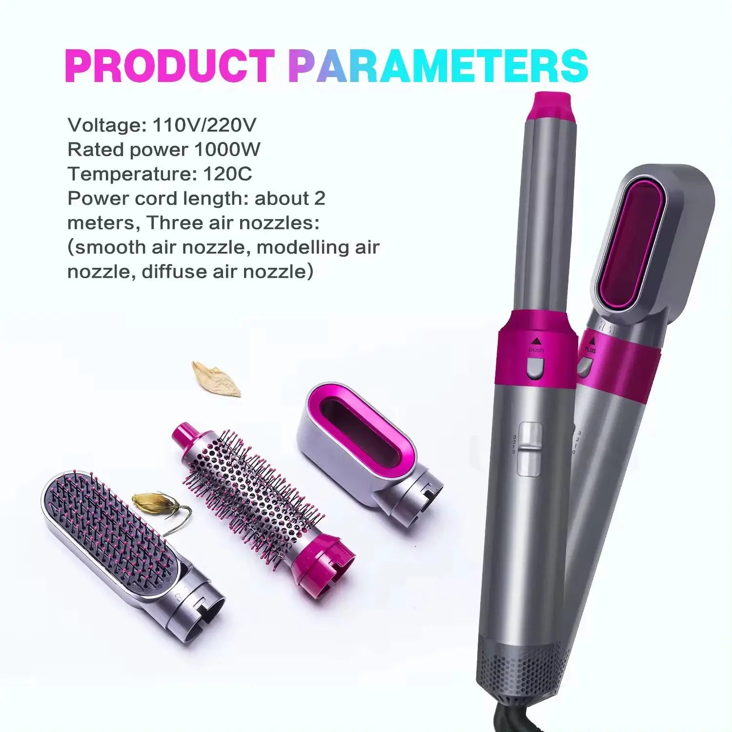 Hair Dryer 5-In-1 styling kit with pink accents and multiple brush and comb attachments