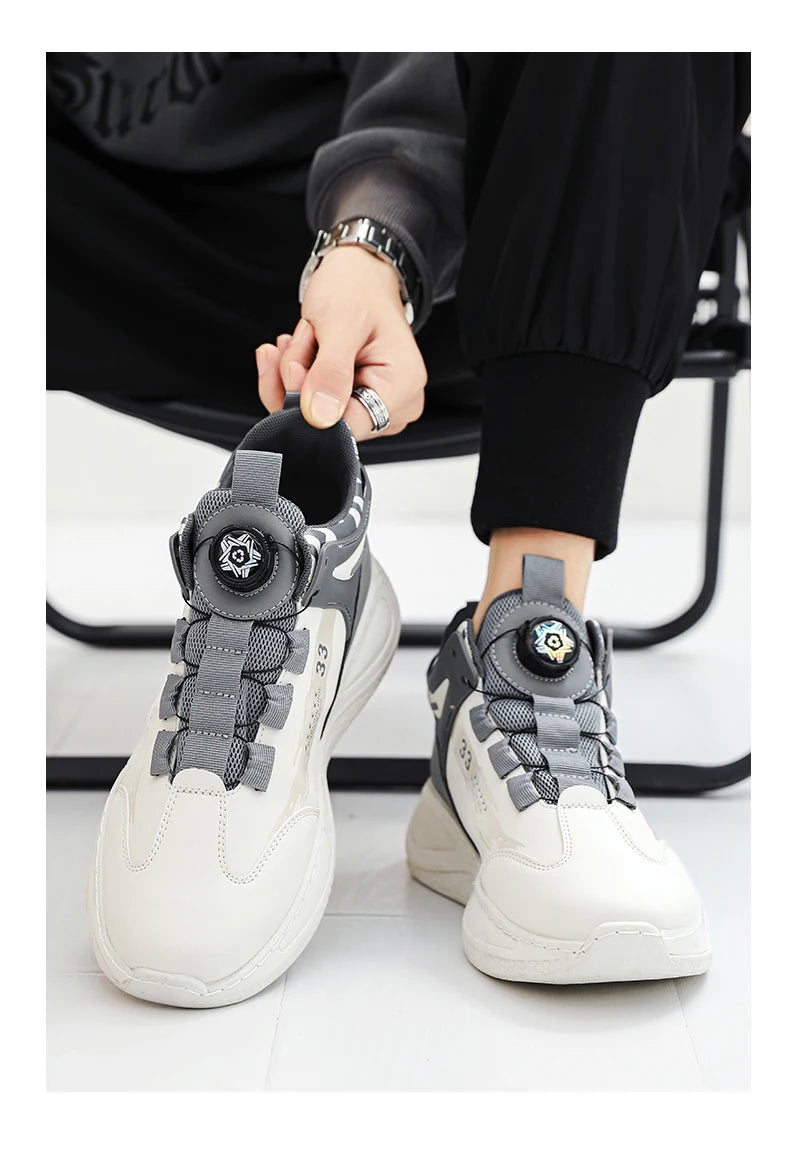 Mens sneakers with rotating dial lace system, grey and white outdoor non-slip shoes