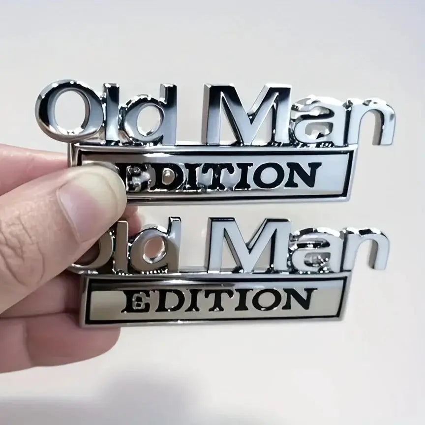 Chrome 3D Old Man Edition car emblem badge, universal fit, 2-pack